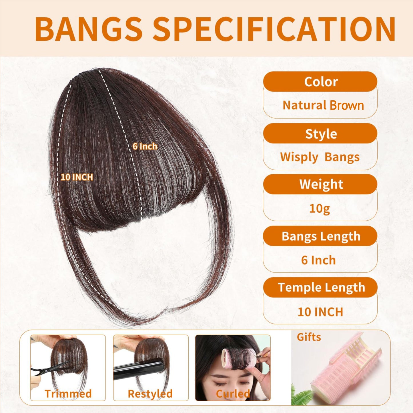 Front Bangs Single Clip ins Natural Brown Colour